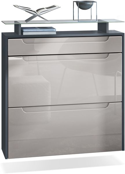 Vladon Schuhschrank Annie, Schuhkipper für 16 Paar Schuhe mit 2 Klappen, 1 Schublade und Glasablage, Anthrazit matt/ Sandgrau Hochglanz, Griffmulden in Sandgrau Hochglanz (89 x 96 x 23 cm)