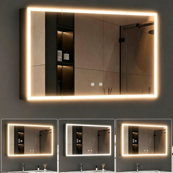 WDWRITTI Spiegelschrank 3türig 100 x 60 x 13,5 cm Schwarz Metall Kalt/Neutral/Warmweiß Dimmbar (Badezimmerspiegelschrank mit LED Beleuchtung, Speicherfunktion, Anti-Fog, Doppel Spiegel) Aluschranktür, vormontiert geliefert, Netzadapter & Stromkabel