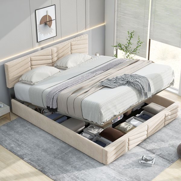 Polsterbett 140x190 cm ohne Matratze, mit höhenverstellbarem Kopfteil, Bettgestell aus holländischem Samt in Beige