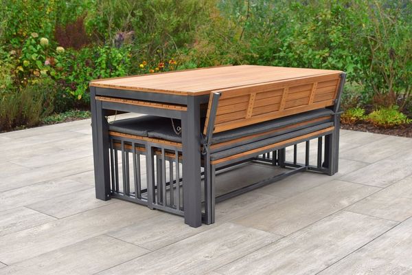 MERXX Garten-Essgruppe Milos, (Set, 10-tlg, 4 Bänke (2x mit und 2x ohne Rückenlehne), 2 Tische, 4 Sitzkissen), Set ist komplett ineinander verstaubar, geeignet für 12 Personen