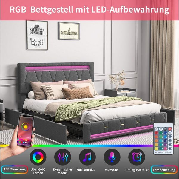 Furnishings Home Polsterbett Stauraumbett Doppelbett, Mit 7-Zonen Federkernmatratze, Mit LED-Beleuchtung, 4 Schubladen, Leinen, 140x200 cm