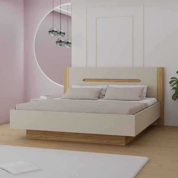 Forte EDWAL Bett Liegefläche 180 cm, modernes Bettgestell mit Stauraum unter dem Lattenrost, Holzwerkstoff, Kaschmir |Beige Holzdekor, 196,2 cm breit x 105,7 cm hoch x 206,6 cm tief