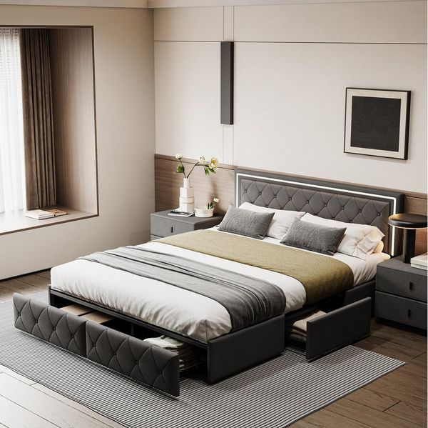 Gdood Polsterbett Stauraumbett LED Doppelbett (Verstellbare Kopfteilhöhe), Gepolstertes Kopfteil, Mit LED-Beleuchtung, Stauraum, PU, 160x200 cm