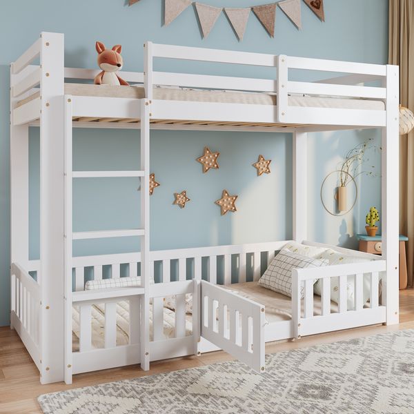 Etagenbett 90×200 cm aus Kiefernholz mit Treppe, Schutzgeländer und Tür, weiß
