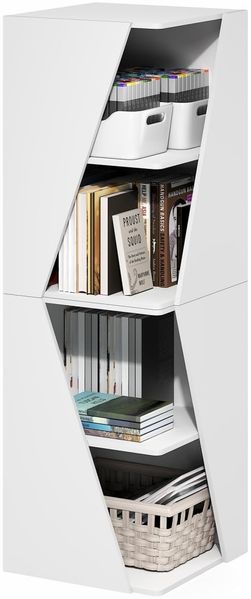 Furinno ECON Bücherregal, stapelbares 2-in-1-Bücherregal, 4-stöckiges Eckregal mit Ablagefläche, für Wohnzimmer, Schlafzimmer, Homeoffice, Weiß