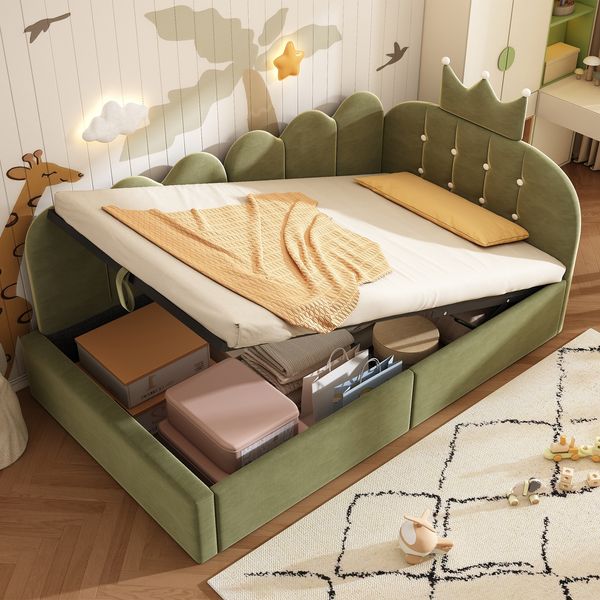 Merax Einzelbett 90x190 cm, Kinderbett, Polsterbett, Daybett, Tagesbett-Schlafsofa mit Stauraum (hydraulisch), Gästebett L-Form Samt, Grün