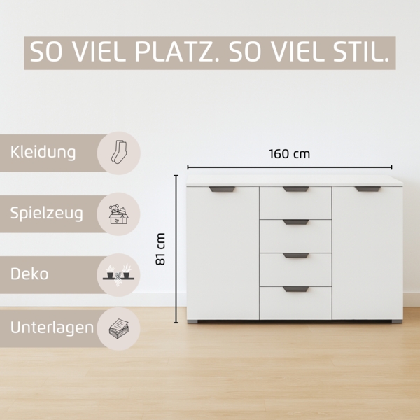 rauch Aditio Box, Kommode, 2-türig, 4 Schubladen, mit Softclose-Funktion, Farbe Weiß/Eiche Artisan, BxHxT 160x81x43cm Bild 5