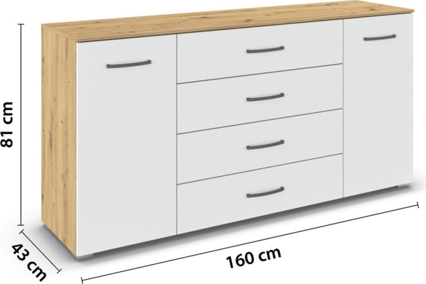 rauch Aditio Box, Kommode, 2-türig, 4 Schubladen, mit Softclose-Funktion, Farbe Weiß/Eiche Artisan, BxHxT 160x81x43cm Bild 4