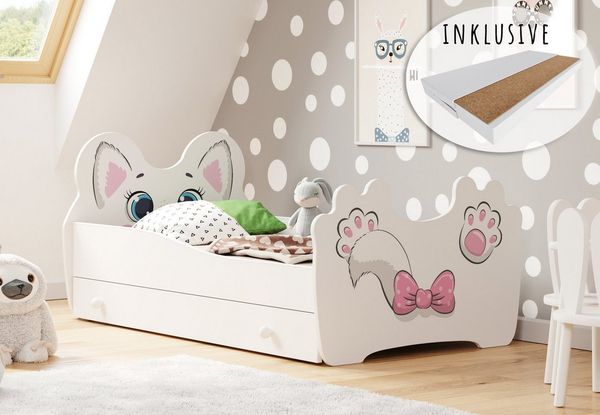 Kids Collective Kinderbett Jugendbett 70x140 80x160 mit Matratze, Schublade und Lattenrost, Katzenmotiv MDF Holz Made in Europe 70x140 cm