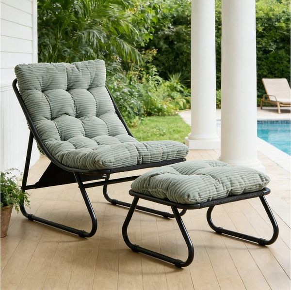LVHOM Loungesessel mit Hocker, wasserdichtem Stahlrahmen, ergonomisch, für In-/Outdoor (Relaxsessel, bequeme Sitzfläche, Hocker als temporärer Sitz/Schuhwechselbank, rutschfestes Design, rostfreier Metallrahmen, Tragfähigkeit 130 kg), für Garten, Balko...