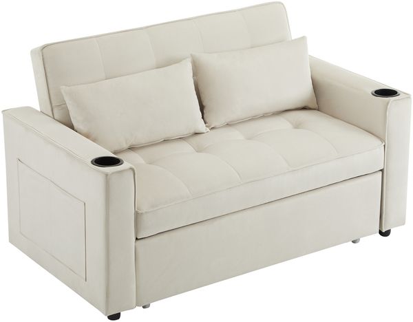 Schlafsofa 2-Sitzer mit verstellbarer Rückenlehne, Samtbezug & Getränkehaltern – Modernes Sofa mit Bettfunktion und Stauraum,Beige Bild 10