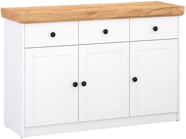 Homestyle4u Sideboard, Holz weiß / Eiche Massiv, 82 x 42 x 122,5 cm, Türen: 3 / Schubladen: 3