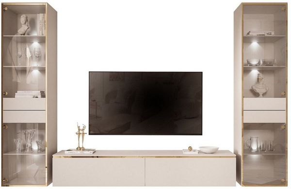 ALLHOUSE24 Wohnzimmer-Set PEONY KASCHMIR II GOLD Möbelset mit LED Glasvitrine TV Schrank, (1x TV Schrank, 2 x Vitrinen), LED Beleuchtung