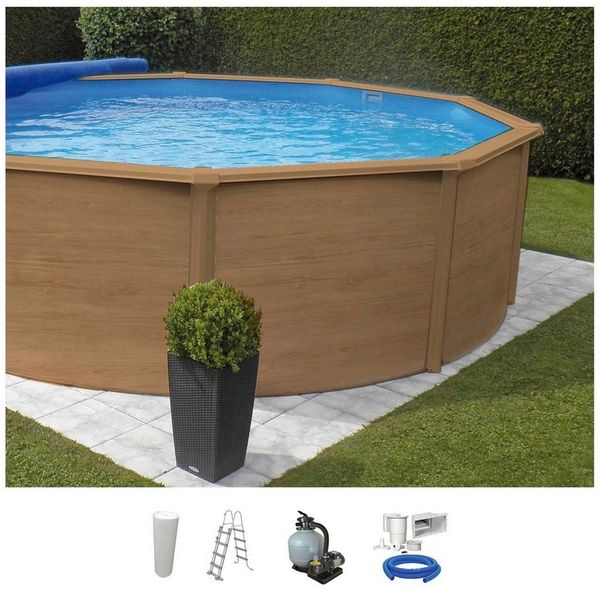 KWAD Rundpool Wood Design, inkl. Sicherheitsleiter und Zubehör (Set, 5-tlg), 5-tlg, H: 132 cm, sandfarbene Innenfolie