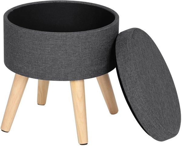 WOLTU® Sitzhocker mit Stauraum Fußhocker Aufbewahrungsbox, Deckel abnehmbar, Gepolsterte Sitzfläche aus Leinen, Massivholz, Dunkelgrau, SH08dgr-1