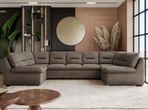 Ecksofa, Sofa big XXL, Wellenfedern, Wohnlandschaft XXL, mit Schlaffunktion - COMODO U - Braun Velours