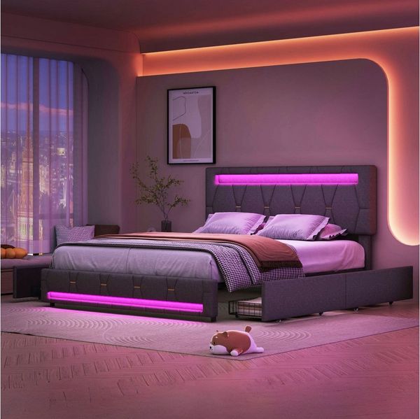 PXloue Polsterbett Doppelbett Stauraumbett mit bettkasten, mit Lattenrost und 4 Schubladen, LED-Beleuchtung, 140x200 cm
