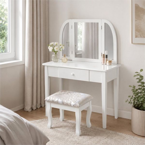 HTI-Living Schminktisch Melia aus Paulowniaholz mit Hocker und 3 fach Spiegel Weiß (Stück, 1-St, 1x Schminktisch Melia, 1x Hocker)