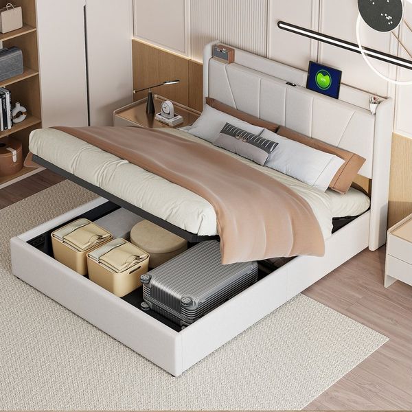 PXloue Polsterbett Doppelbett Stauraumbett (2 USB- und 1 Type-C-Ladeschnittstelle), mit Lattenrost, Luftdruck anhebbarer Bettstauraum, 140x200cm
