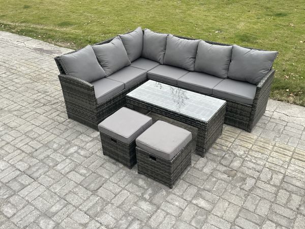 Fimous 8 Sitzer Outdoor Rattan Gartenmöbel-Set Ecksofa Länger Couchtisch Sets mit Terrassen 2 kleine Fußhockern Dunkelgrau gemischt