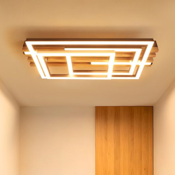 ZMH LED Deckenleuchte Dimmbar Holz Deckenlampe: 2/3-Ringen WohnzimmerlampeLED fest integriert, 3000-6500K, Schwarz Deckenbeleuchtung mit Fernbedienung Design