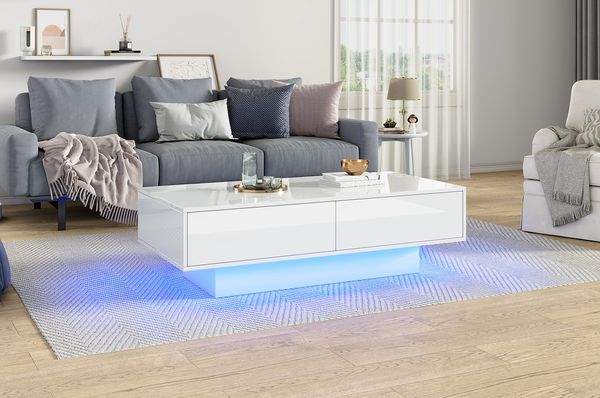 Couchtisch 115x55x34 cm, Hochglanz-Spanplatte, LED-Beleuchtung, 2 Schubladen,Weiß