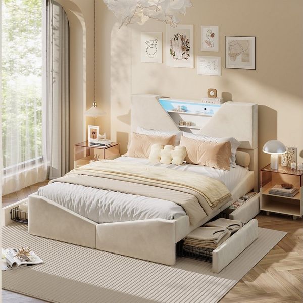 ADWOLT Stauraumbett Polsterbett Doppelbett mit Lattenrost, Bettgestell 140x200 cm,mit 4 Schubladen und LED-Beleuchtung,Beige