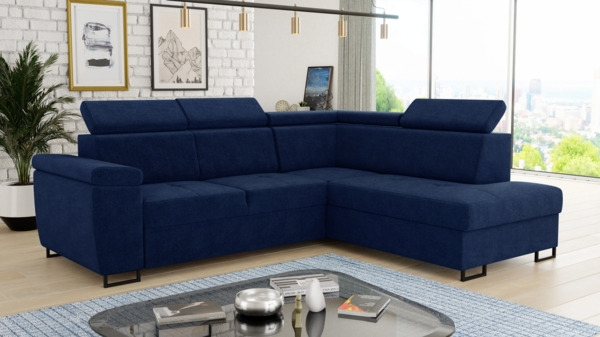 Ecksofa Natan mit Schlaffunktion und einstellbare Kopfstützen - Wohnlandschaft mit Metallfüßen, Couchgarnitur, Bettkasten, Sofa (Ecksofa Rechts, Dunkelblau (Kronos 09))