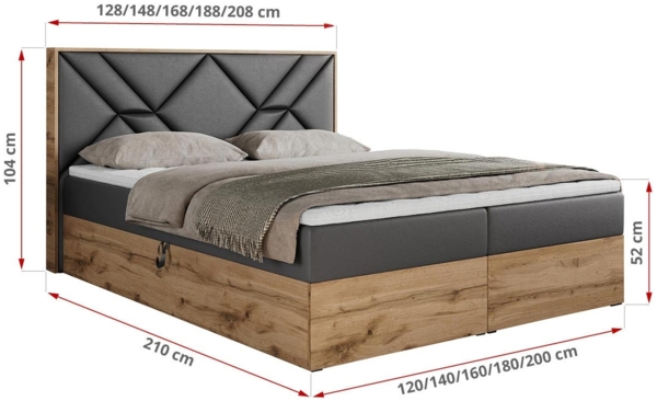 Boxspringbett mit Kopfteil und Topper, Polsterbett - GUNAR - 120 x 200 cm - Dunkelgrau Kunstleder - H3 - Topper Visco Bild 5