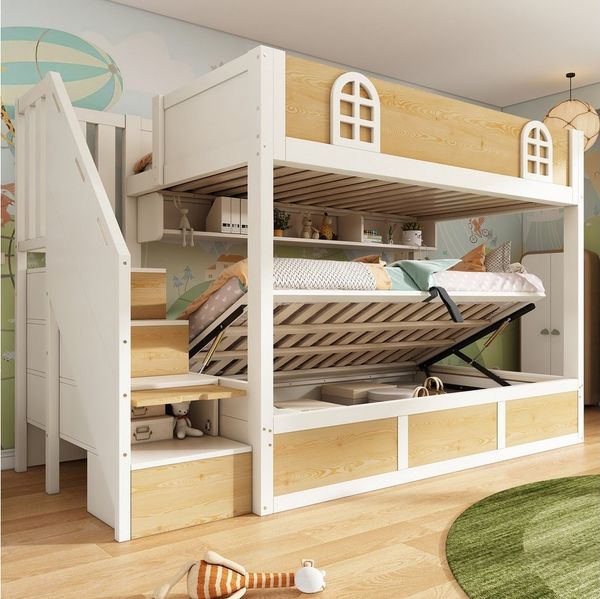 MODFU Hochbett Sicheres Etagenbett mit Rausfallschutz & Treppenschrank (1-St, Aus robustem Holz für ein stabiles und langlebiges Kinderzimmer) Zwei Einzelbetten à 90x200 cm, inkl. Lattenroste(ohne Matratze)