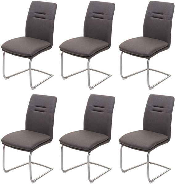 6er-Set Esszimmerstuhl HWC-H70, Küchenstuhl Freischwinger Lehnstuhl Stuhl, Stoff/Textil Edelstahl gebürstet ~ grau-braun