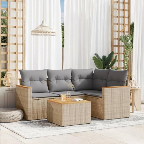 vidaXL 5-tlg. Garten-Sofagarnitur mit Kissen Beige Poly Rattan 3225940