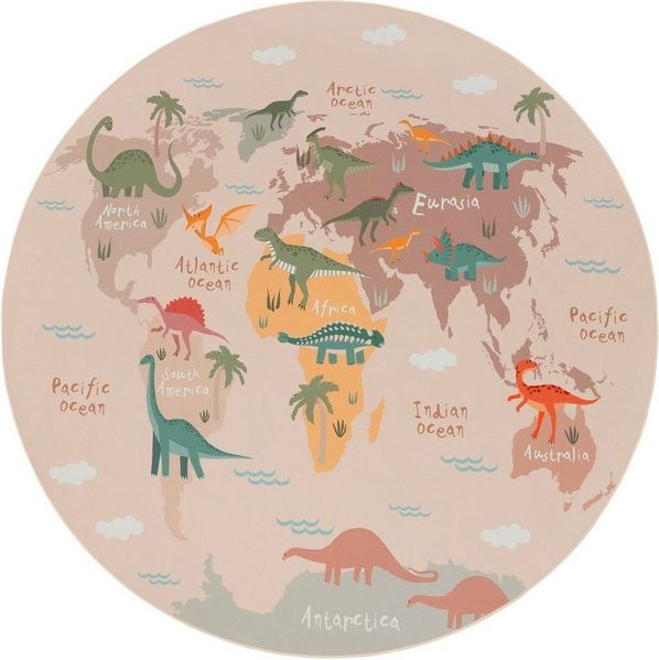 Paco Home Kinderteppich Bino 583, rund, Höhe: 4 mm, Spielteppich, Motiv Weltkarte & Dinosaurier, Kinderzimmer
