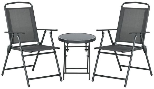 Outsunny Balkonset 3-teilig, aus Metall, mit klappbar Glastisch, Gartenstühlen, (Bistro-Set, 3-tlg, Wetterfest Gartenmöbel Set), Gartengarnitur, Dunkelgrau