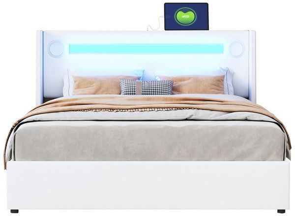 REDOM Polsterbett Stauraumbett mit LED-Lichtleiste, Bluetooth-Player und USB-Aufladung (Kunstleder-Aufbewahrungsbett, Hochbettkasten, Jugendbett mit Lattenrost, 140 x 200 cm), ohne Matratze