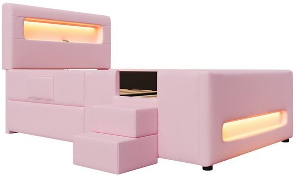 MODFU Kinderbett Modernes Komfortbett (mit LED-Leisten & Schublade,Kunstleder, 1-tlg, 218 x 97 x 95), mit Treppe