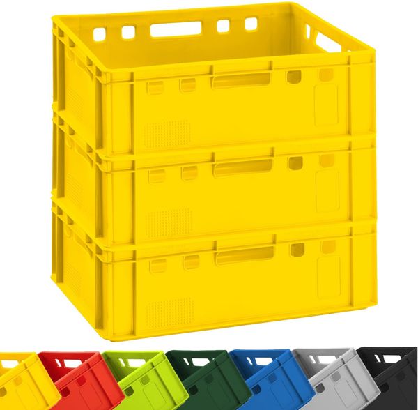 3x BURI Fleischkiste E2 Gelb 60 x 40 x 20 cm Lagerkiste, Meischkiste, Metzgerkiste Eurobox aus Deutschland lebensmittelecht, robust, stapelbar