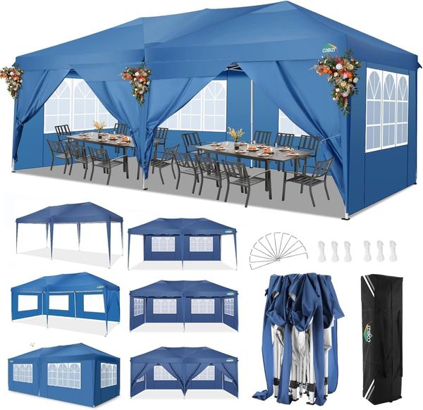 COBIZI Pavillon 3x6 m, Faltpavillon 3x6 wasserdicht stabil Faltzelt Anti-UV Faltbarer Pavillons Outdoor Faltpavillon 3x6 m mit 6 Seitenwänden für Garten, Party, Hochzeit, Picknick, Markt, Blau