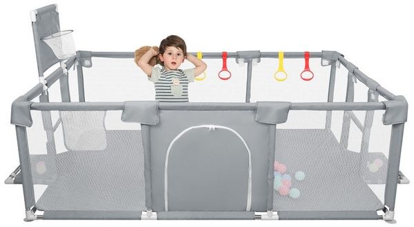 JEOBEST Laufstall Baby Laufgitter - Große Sicherheitsspielplatz, 180x120x66cm - mit Basketball-Netz 50 Ozeanbälle und 4 bunten Ringen