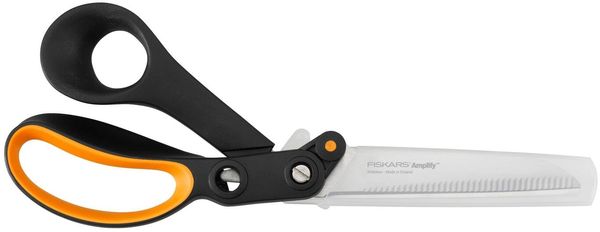 Fiskars Gezahnte Hardware-Schere, Für Rechtshänder, Mit kraftverstärkender Technologie, Länge: 24 cm, Rostfreie Stahl-Klinge/Kunststoff-Griffe, Schwarz/Orange, Amplify, 1020223