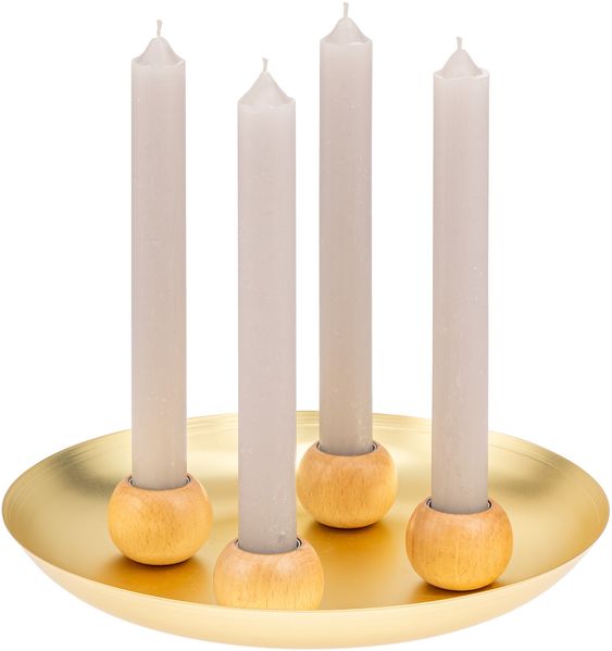 Kerzentablett mit 4 magnetischen Kerzenhaltern für Stabkerzen, Kerzenständer Metall/Holz, gold
