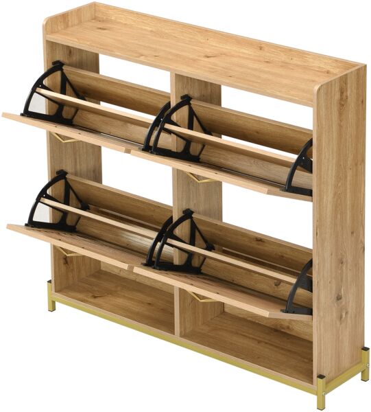 Merax 108cm Schuhschrank mit Türen aus Holzleisten – Flurschrank mit 4 Türen, Metallrahmen und Ablage – Platzsparender Schuh-Organizer, Holzfarbe Bild 9