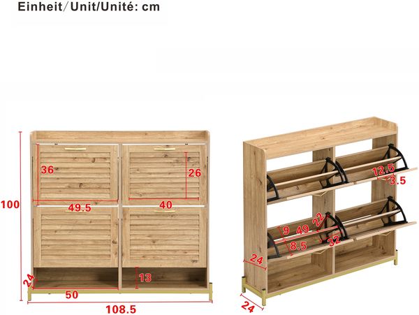Merax 108cm Schuhschrank mit Türen aus Holzleisten – Flurschrank mit 4 Türen, Metallrahmen und Ablage – Platzsparender Schuh-Organizer, Holzfarbe Bild 4