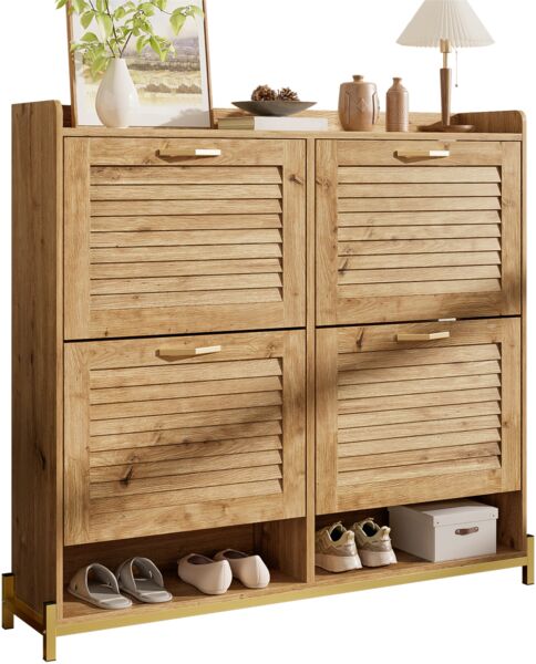 Merax 108cm Schuhschrank mit Türen aus Holzleisten – Flurschrank mit 4 Türen, Metallrahmen und Ablage – Platzsparender Schuh-Organizer, Holzfarbe Bild 10