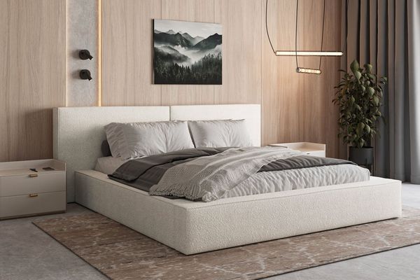 MOEBLO Polsterbett aus Bouclé Bett 06 (Bezug: Boucle, Doppelbett mit Kopfstütze, Rahmenbettgestell, mit Bettkasten und Lattenrost), gepolstertes Kopfteil