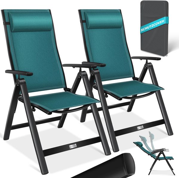 KESSER® Gartenstuhl Hochlehner mit Armlehnen | Aluminium Klappstuhl inkl. Kopfkissen Campingstuhl 7-Fach Verstellbar Rückenlehne | Atmungsaktiv & Wetterfest | Klappbar & Anti-Rutsch 2 Stück, Petrol Grün