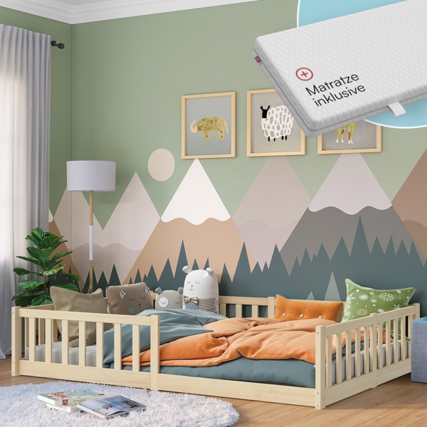 Bellabino 'Vere' Bodenbett 140x200 cm mit Matratze, natur, Massivholz Kiefer, Montessori Kinderbett mit Rausfallschutz und Lattenrost