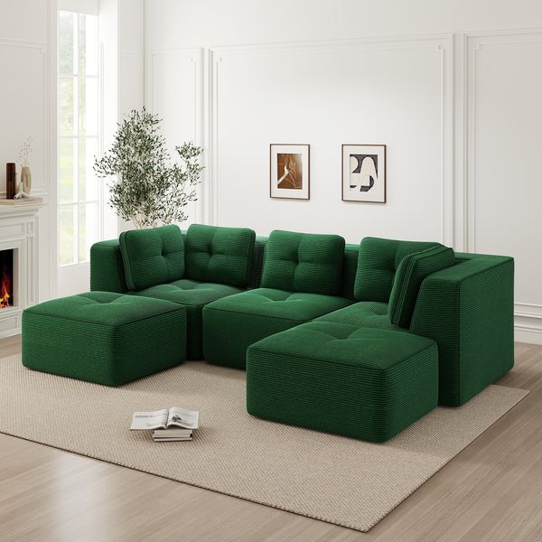 3-Sitzer Ecksofa H 69 x T 297 x B 177 cm aus Cord in Grün, modular kombinierbar, 74 cm Sitztiefe