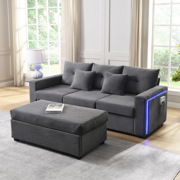 3-Sitzer Wohnlandschaft H 85.5 x T 184 x B 84.5 cm aus Cord mit LED, Sitzhöhe 45 cm, Hocker 98 x 51 cm