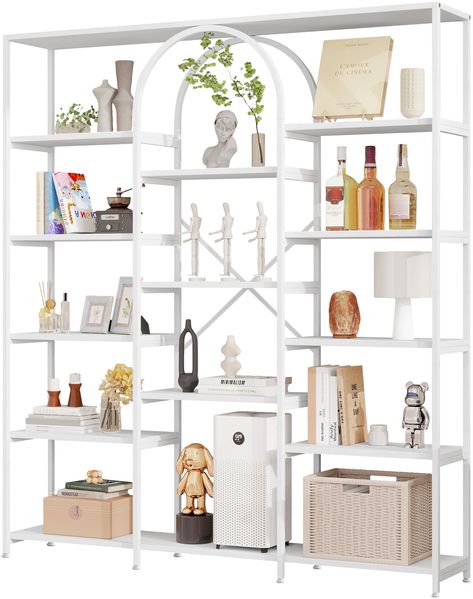 Flieks Bücherregal 160×30×180 cm, Standregal modern weiß, Metallregal mit offenen Ablagen, Regal mit Bogen-Design, MDF & Stahl Bild 10
